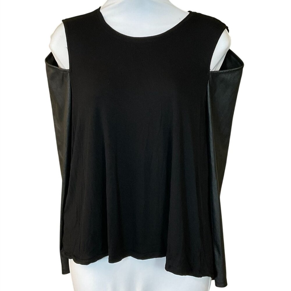 BCBG Max Azaria Judon Faux-Leather Cut Out Sleeve Black Top Back Slit XXS NWOT
